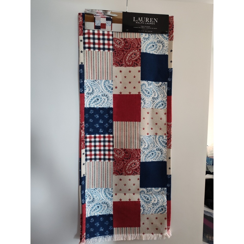 Lauren Ralph Lauren Patchwork Table Runner 14x72 Red White Blue Cotton Fringe